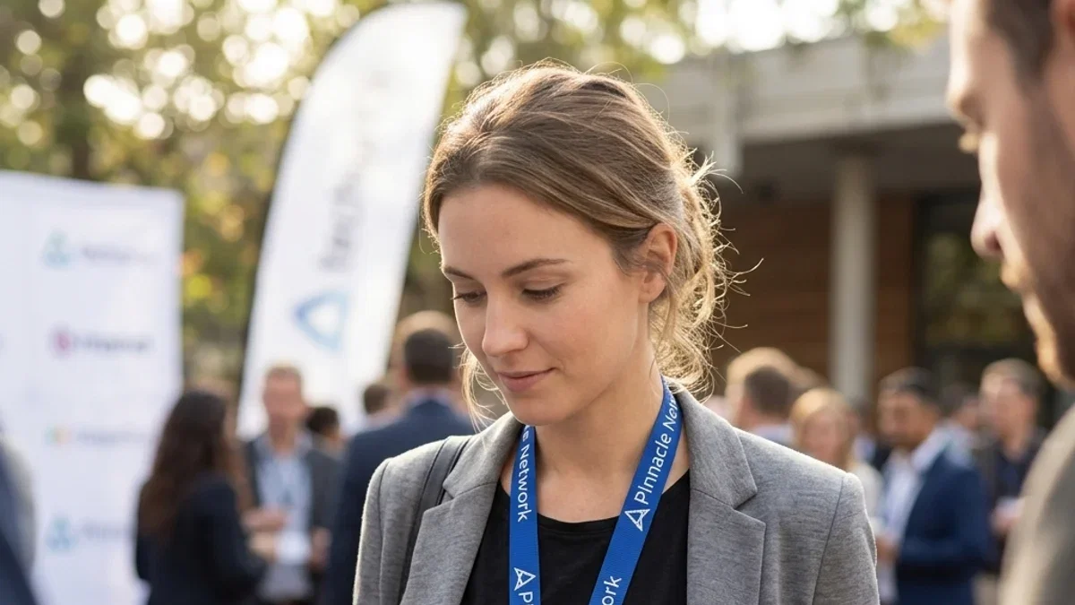 Attendees wearing custom event lanyards with branded badges at a conference check-in
