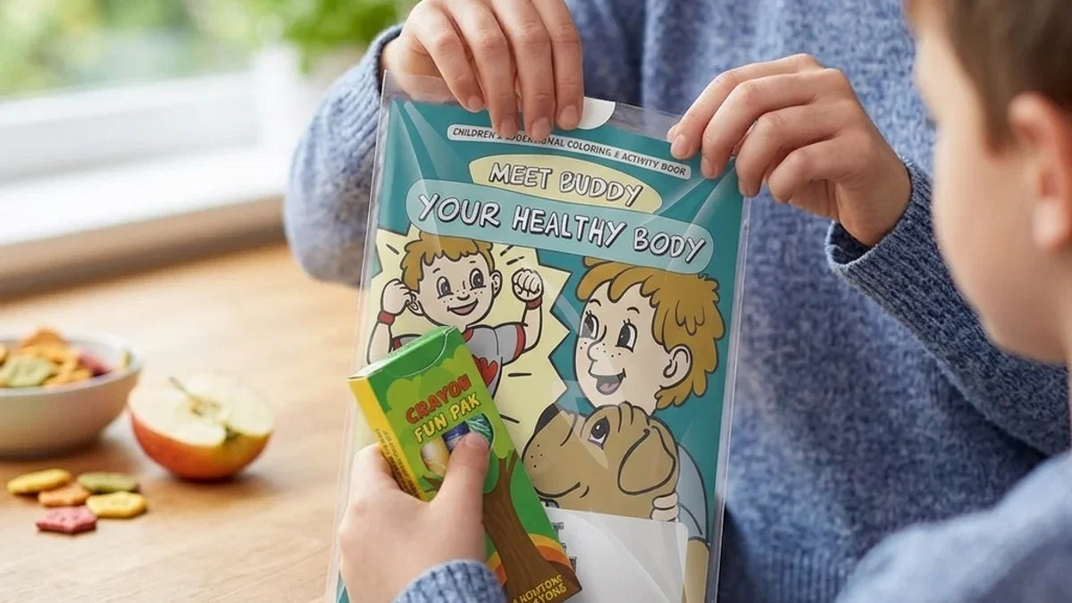 Child coloring a custom activity book branded with a school logo at an event table