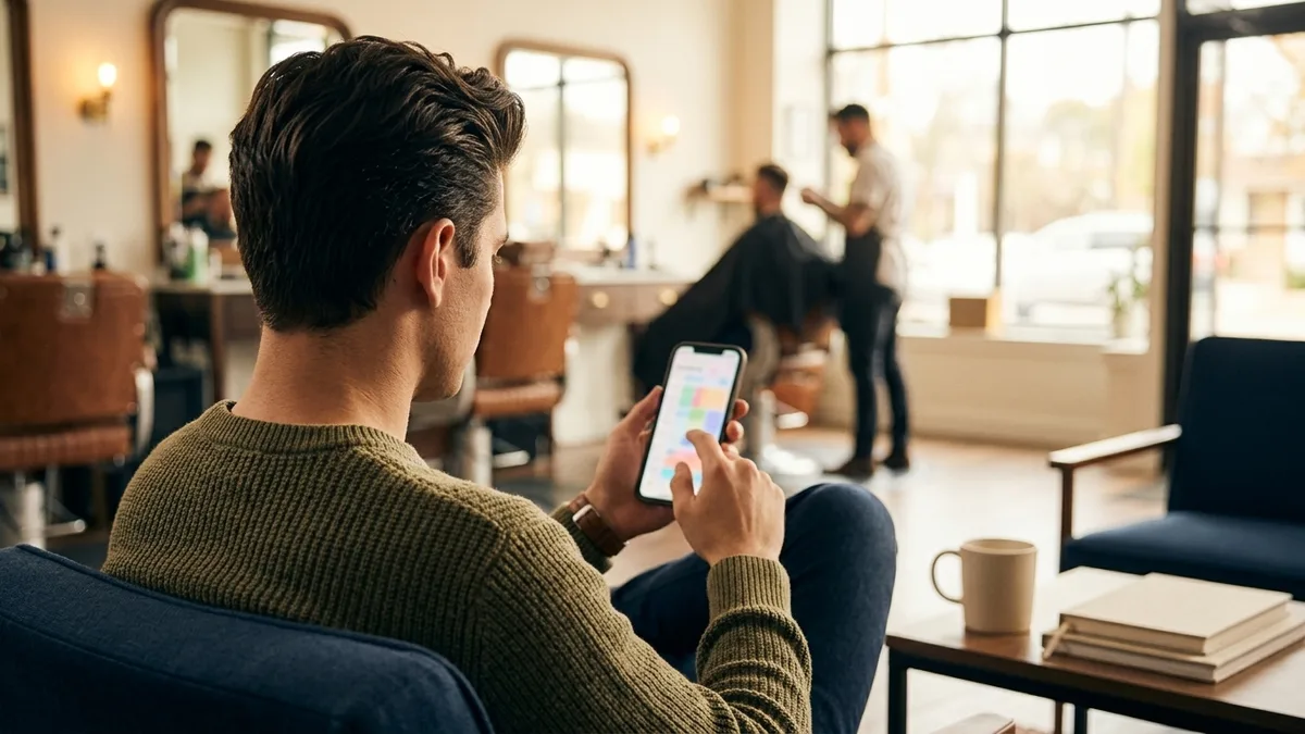 A client booking a nearby barber on his phone while waiting in a modern barbershop