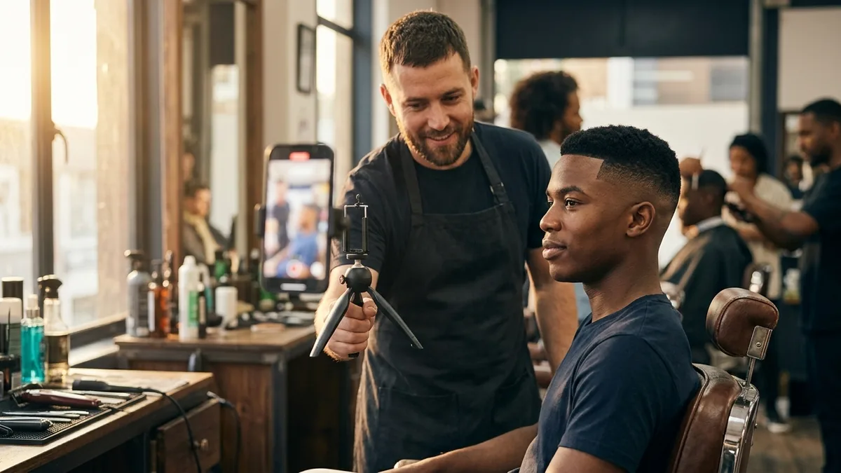 Barber filming a vertical short-form video of a fresh fade