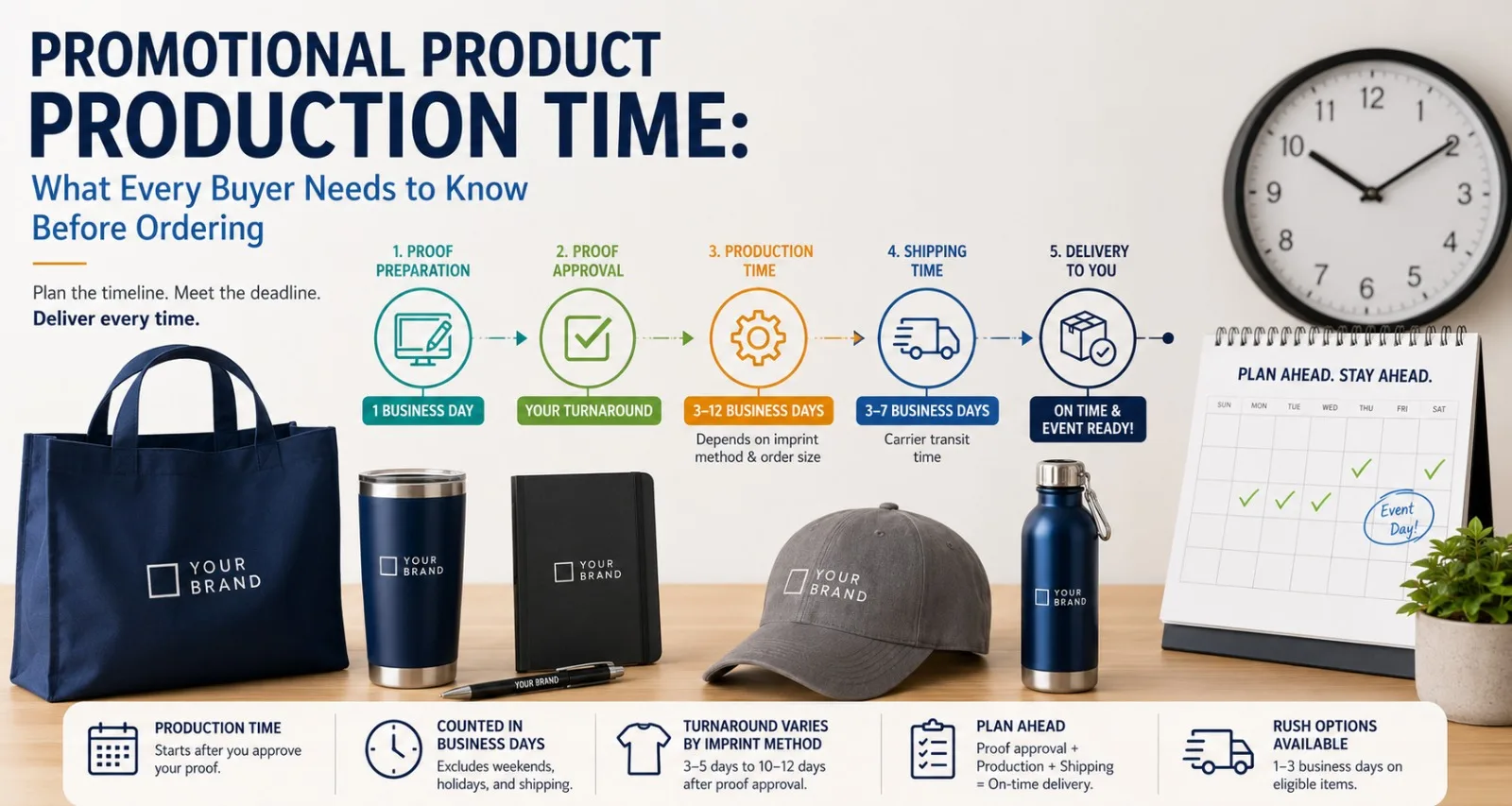 Promotional product production time at a glance: the five-stage timeline from proof preparation and approval through production, shipping, and on-time delivery, with typical business-day ranges for each stage