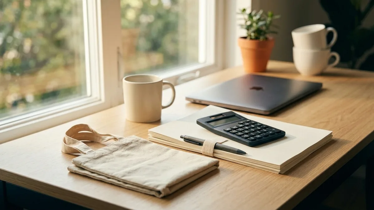 Blank company swag beside a calculator and blank forms on a desk