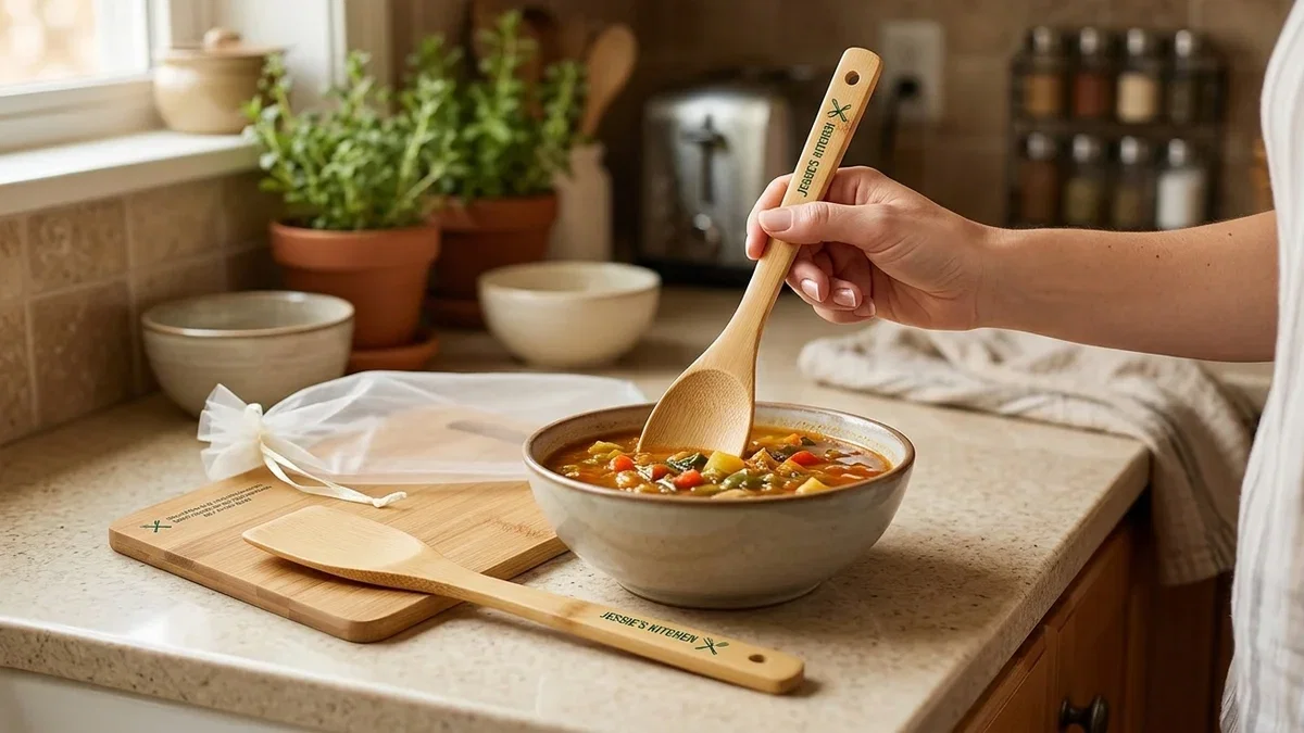 Custom kitchen gadgets with a company logo resting on a home kitchen counter