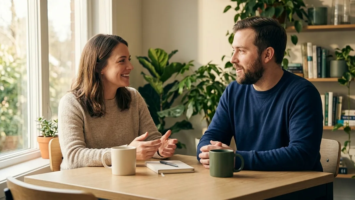 Two coworkers talking supportively over coffee surrounded by green plants for mental health awareness
