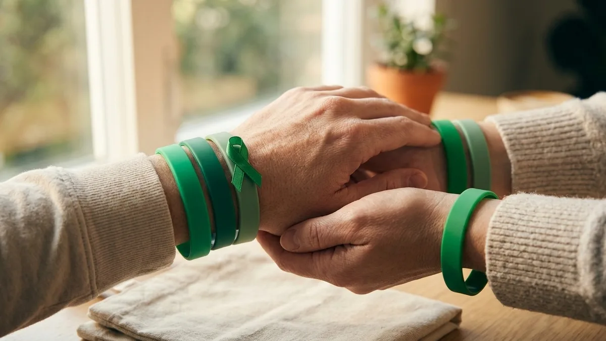 Workplace wellness team wearing green Mental Health Awareness Month wristbands and lapel pins at a campaign event