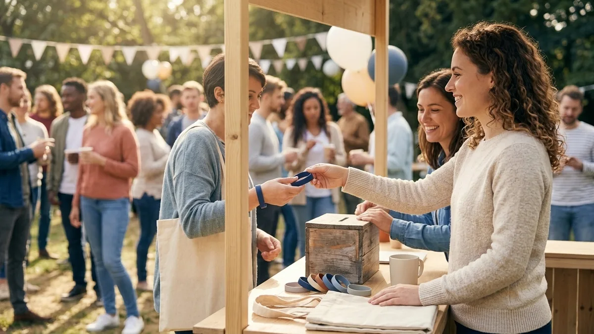 A team of nonprofit volunteers organizing a fundraising campaign with branded products