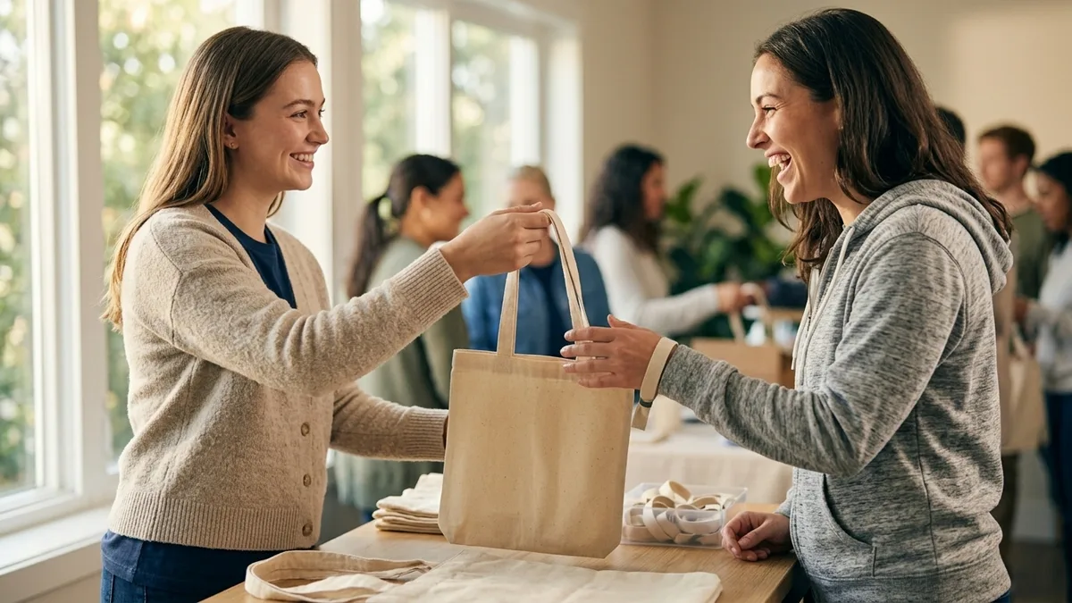 Lifestyle photo of branded fundraising products including wristbands, t-shirts, and tote bags on a campaign table