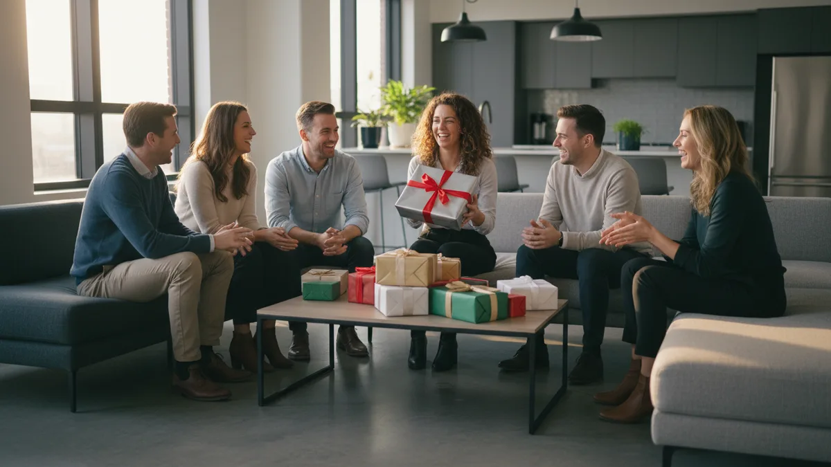 Coworkers in a break-room circle playing a white elephant gift exchange, one holding up a wrapped box