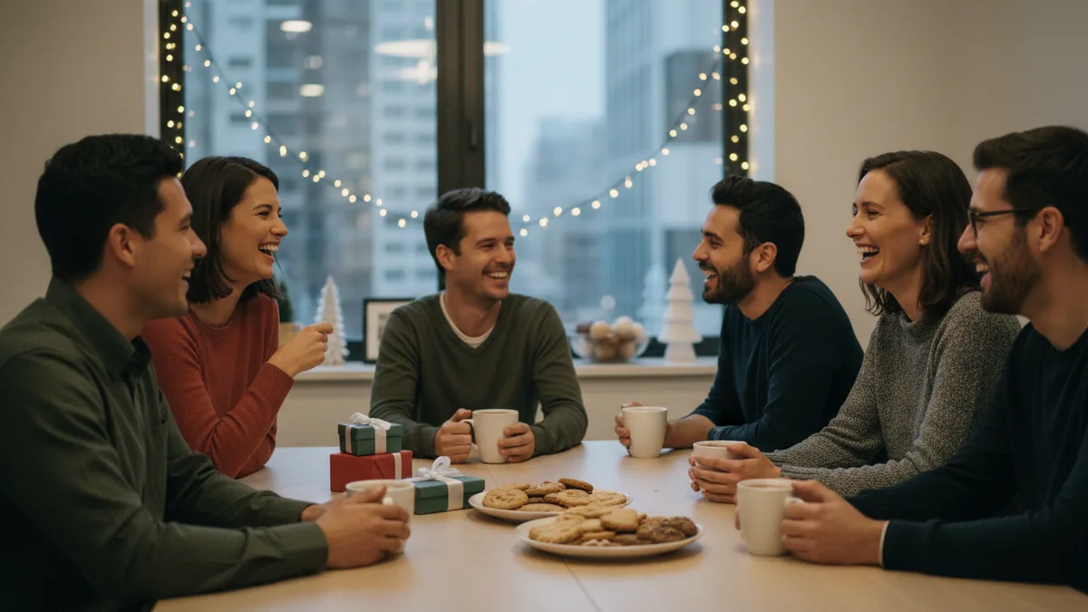 Office holiday party ideas: coworkers laughing around a table with cocoa mugs, cookies and small wrapped gifts under string lights