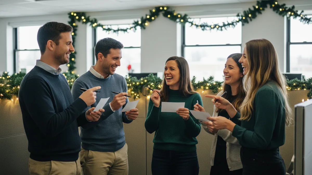 Coworkers mingling with blank cards and pens, filling in a holiday party bingo game under evergreen garland