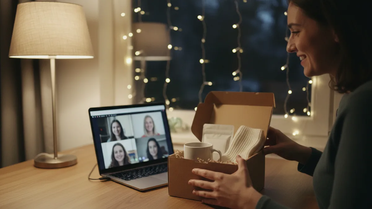 Person at a home desk on a video call opening a small party box with a mug and socks