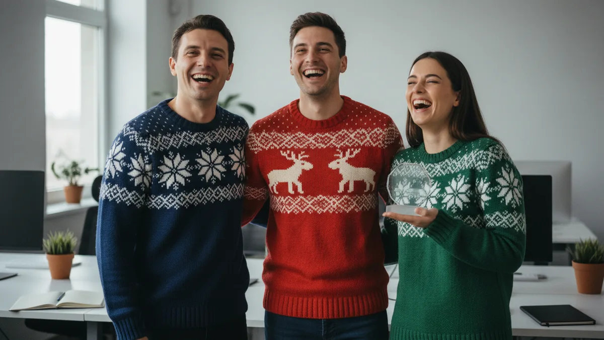 Three coworkers in knitted holiday sweaters laughing, one holding a small glass trophy at an ugly sweater contest