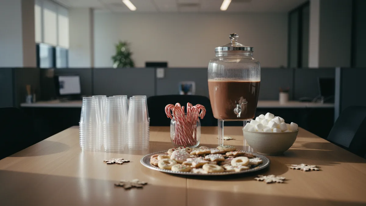 Party table with cups, cookies, candy canes, a cocoa dispenser and wooden snowflakes