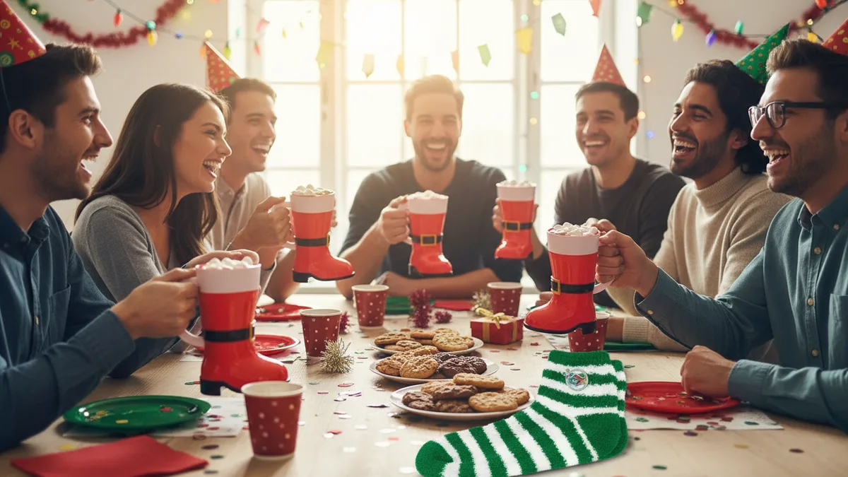 Office holiday party ideas: laughing coworkers around a table with red boot-shaped mugs of cocoa, cookies and striped socks