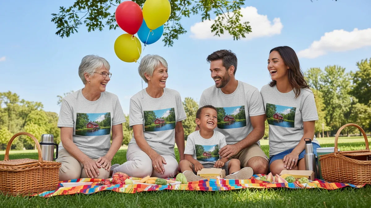 A family at a sunny park picnic in matching light grey T-shirts printed with the same photo of a lakeside cabin