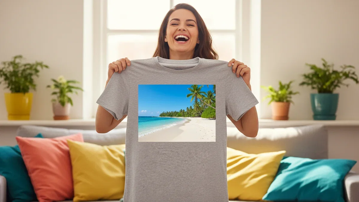 How to put a photo on a t-shirt: a laughing woman holding up a light grey shirt printed with a bright beach photo