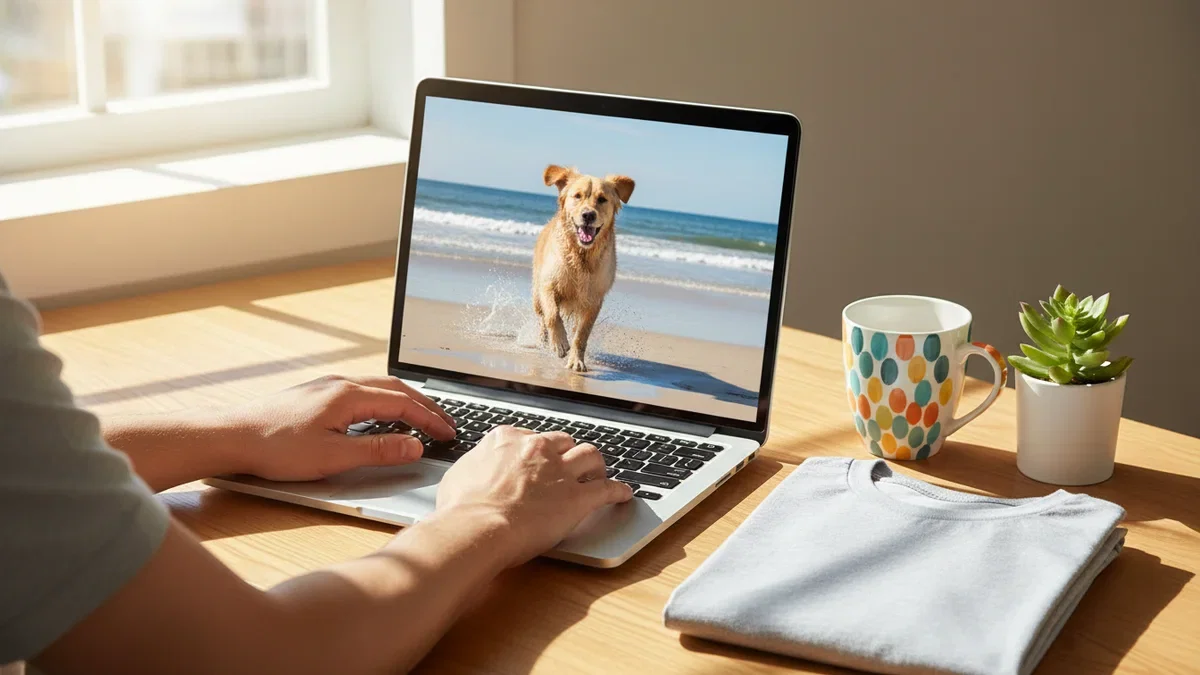 A laptop showing a photo of a golden retriever on a beach, with a light grey T-shirt folded beside it on a sunny desk