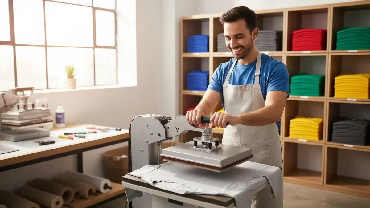 A smiling print shop worker pressing a heat press onto a light grey T-shirt, with shelves of colorful shirts behind