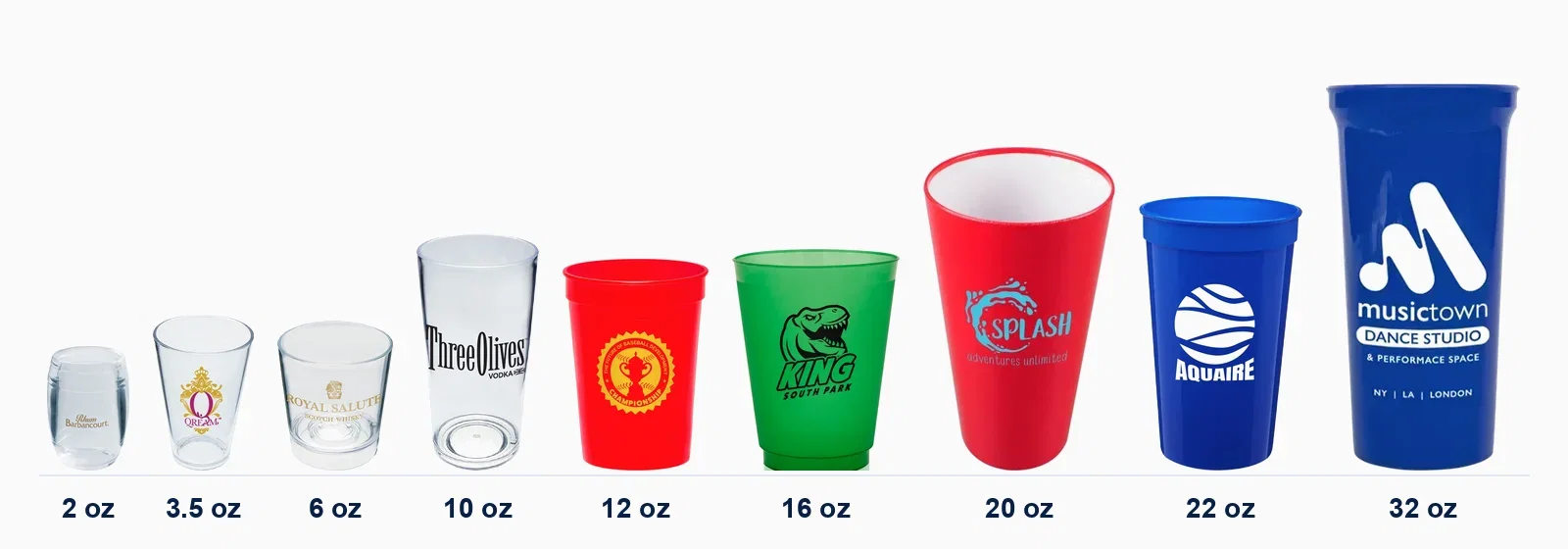 Nine custom printed plastic cups from 2 oz to 32 oz lined up by size, each shown at its real height
