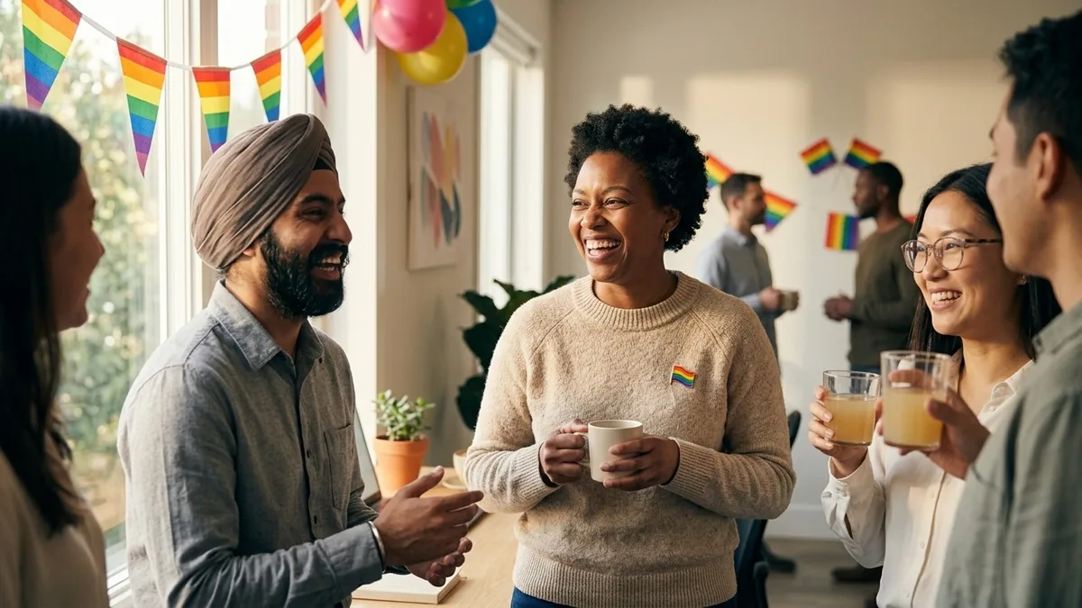 A rainbow Pride flag with custom pins, wristbands, and tote bags for a business Pride Month campaign