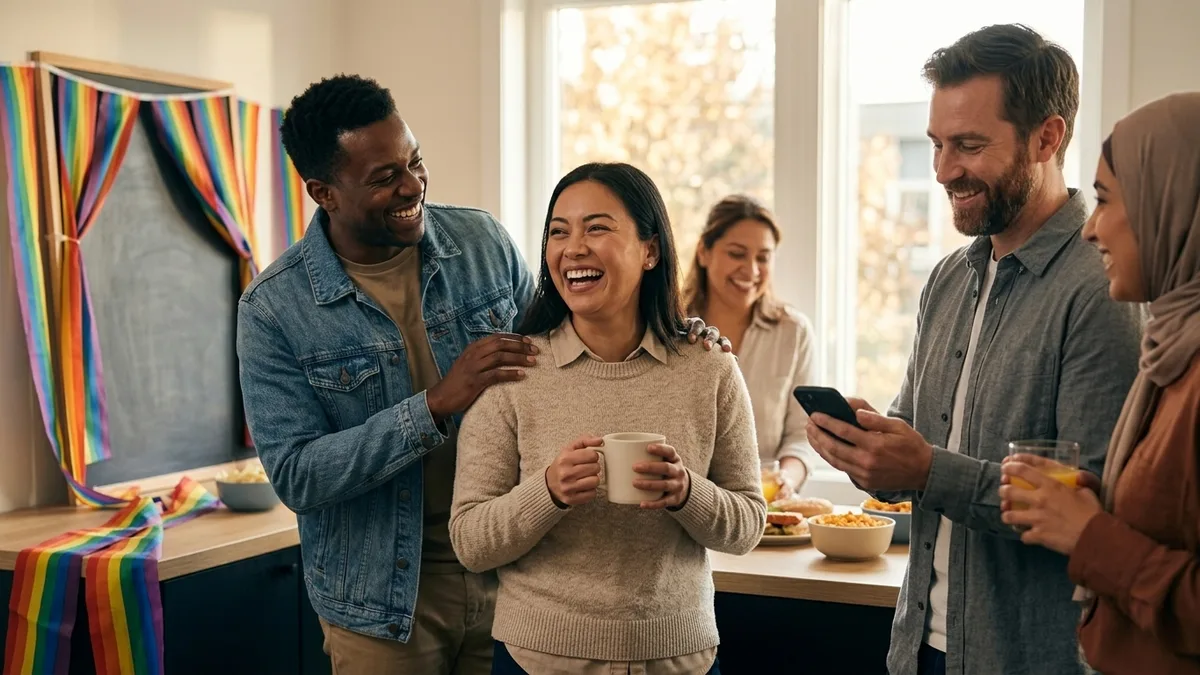 Diverse colleagues celebrating together at an inclusive workplace Pride Month event