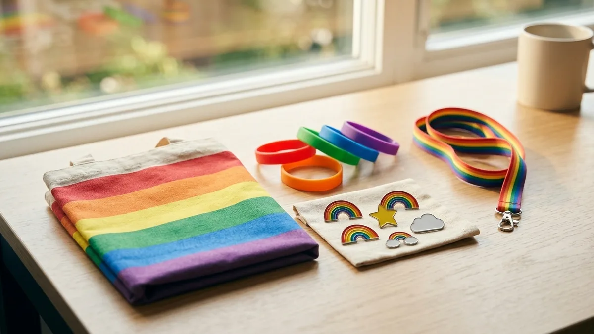 Employees at a company Pride Month event wearing custom rainbow t-shirts and pins with branded tote bags
