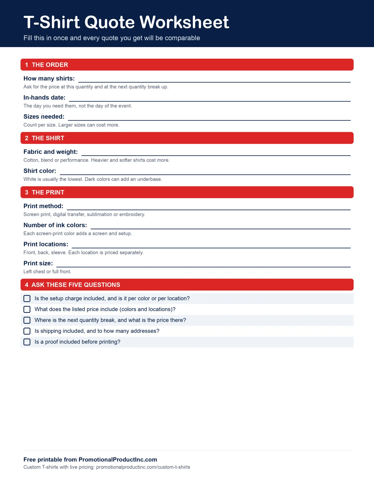 Free printable t-shirt quote worksheet covering the order, the shirt, the print and five questions to ask