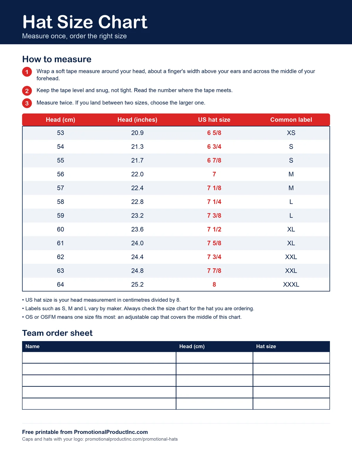 Free printable hat size chart with head measurements in centimeters and inches, US hat sizes and a team order sheet