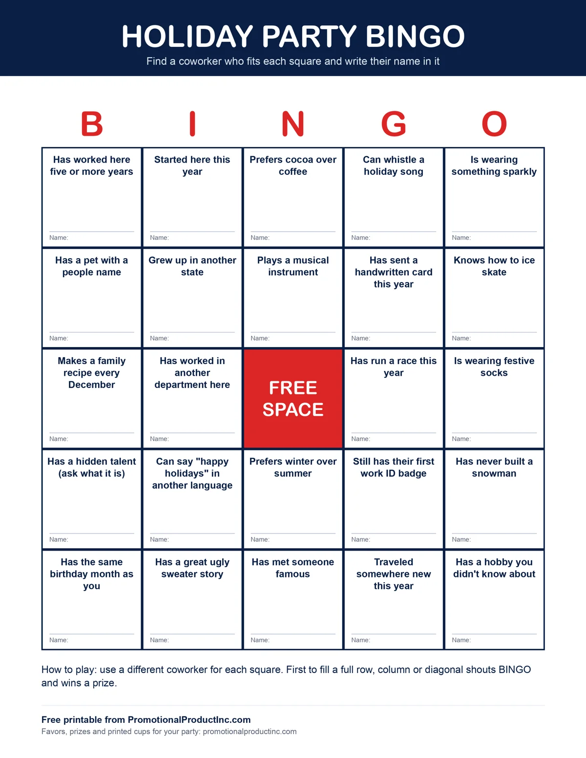 Free printable holiday party bingo card with 24 icebreaker squares for coworkers