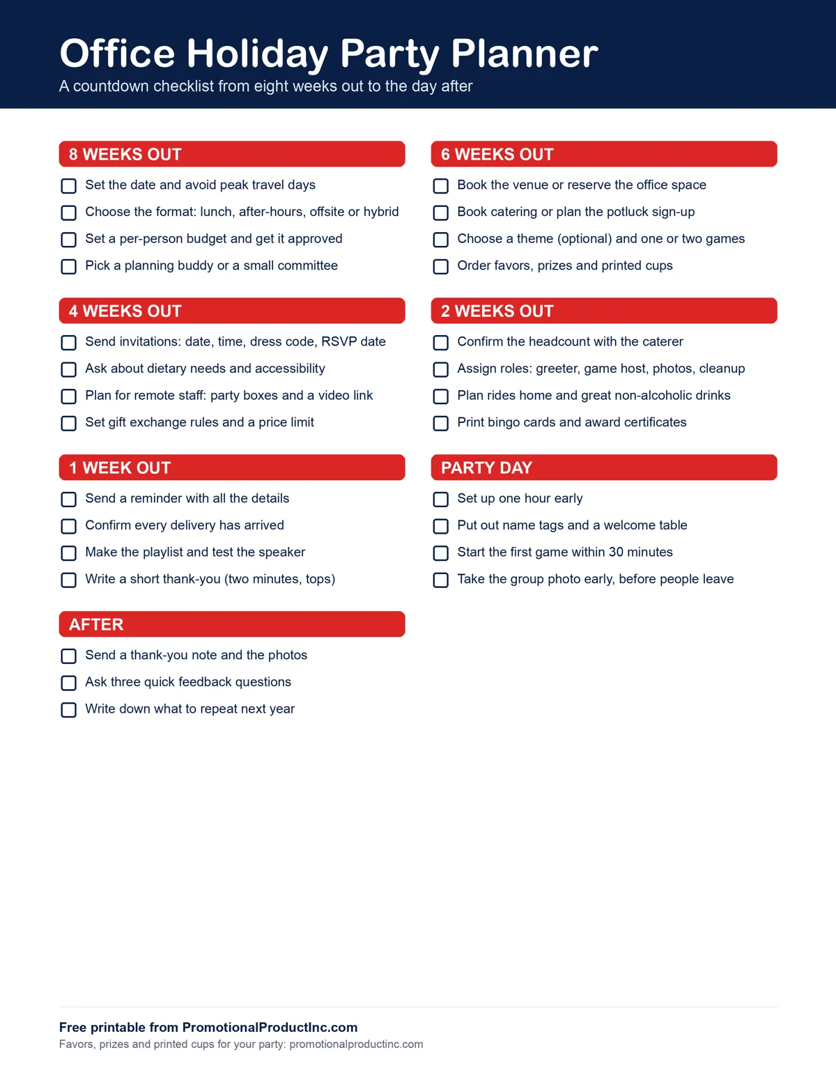 Free printable office holiday party planner checklist, a countdown from eight weeks out to the day after