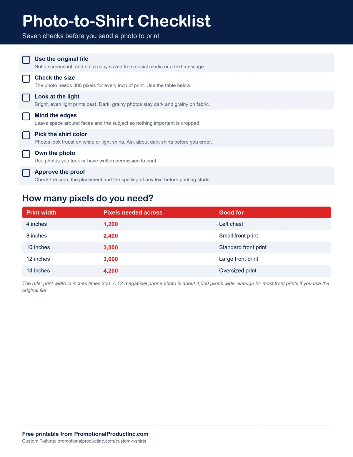 Free printable photo-to-shirt checklist with seven checks and a pixel size table