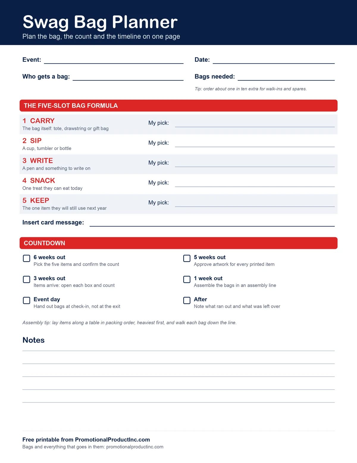 Free printable swag bag planner with the five-slot formula, a bag count and a six-step countdown