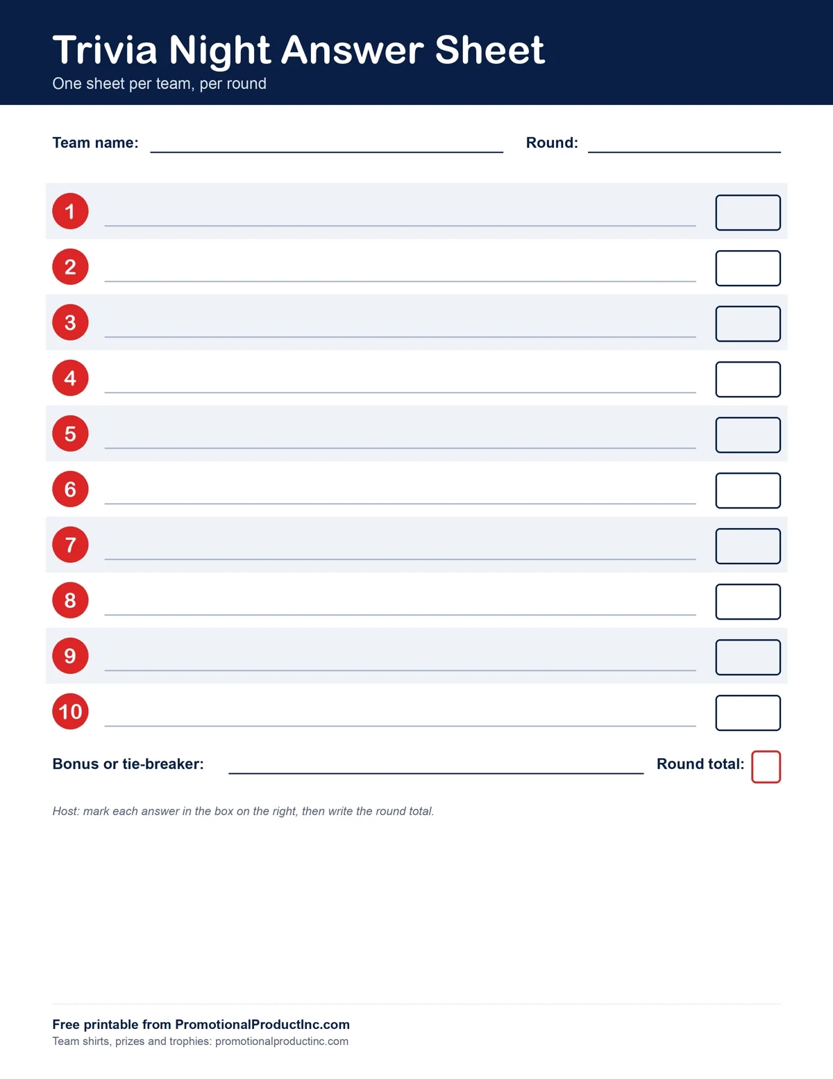 Free printable trivia night answer sheet with ten numbered answer lines and a round total box