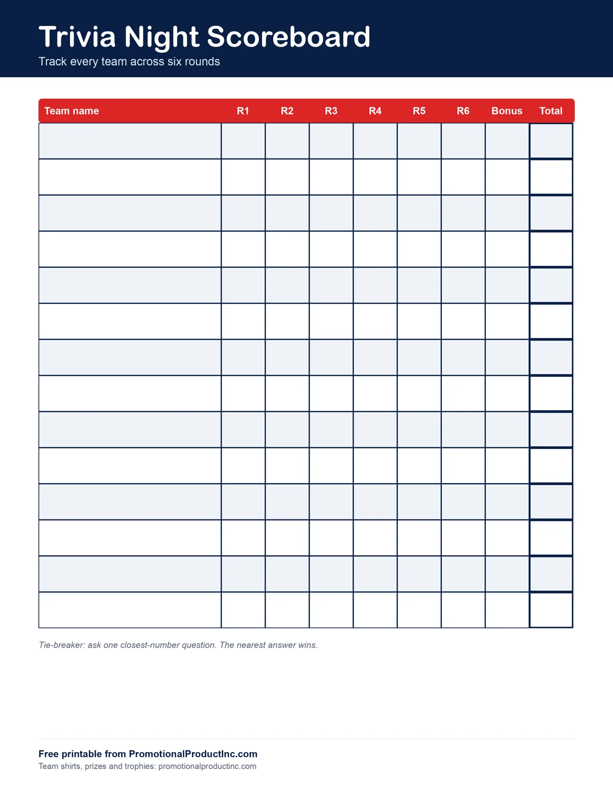 Free printable trivia night scoreboard for tracking teams across six rounds