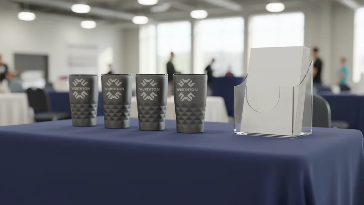 A trade show table with a branded table cover, branded tumblers and brochures, an example of event promotional materials