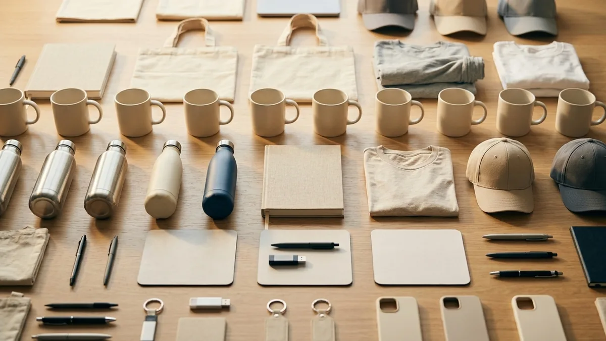 A grid flat-lay of many different blank promotional products on a bright surface