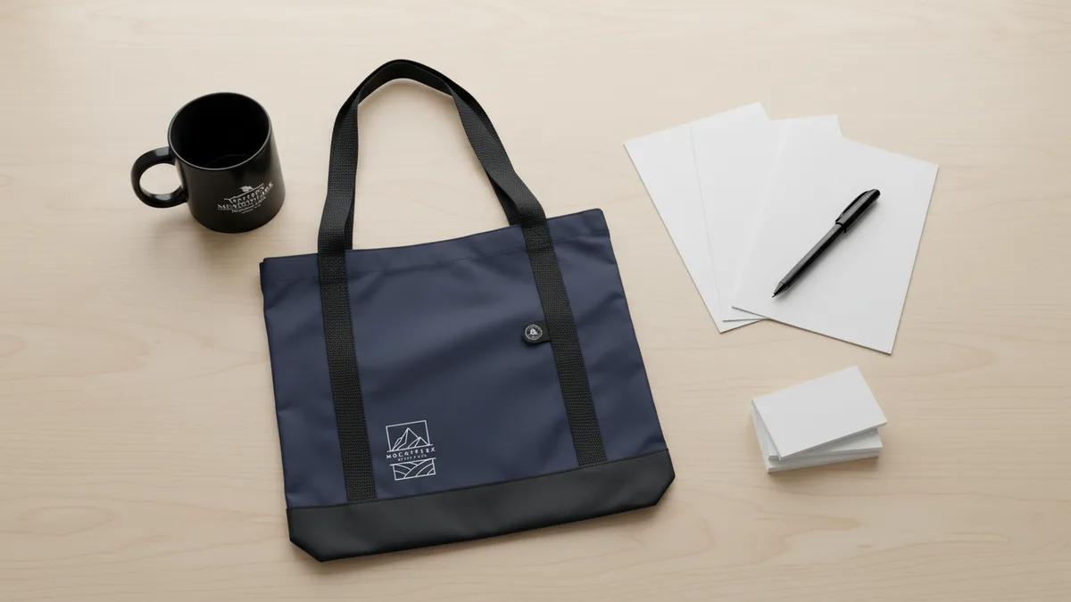 Flat-lay of promotional materials examples on a desk: a printed coffee mug, a tote bag, brochures and business cards