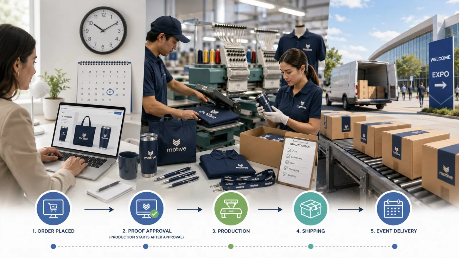 The promotional order journey from online order to event delivery: order placed, proof approval, production, shipping, and on-site delivery