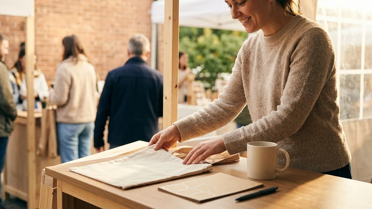 Small business owner arranging blank promotional swag at a sunny market stall