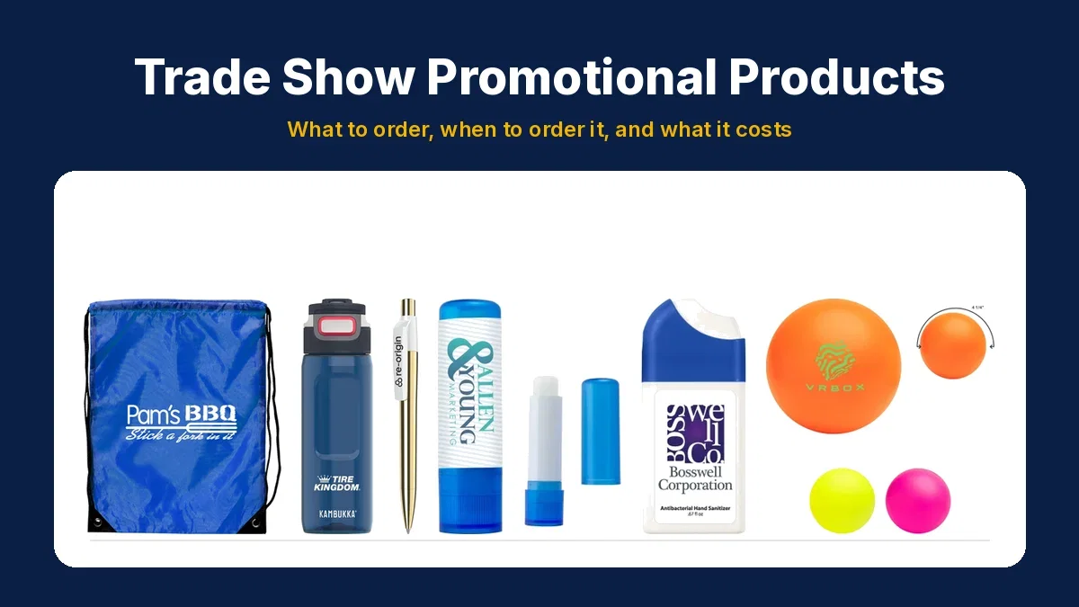 Custom drawstring bag, water bottle, pen, lip balm, hand sanitizer and stress balls for trade show giveaways