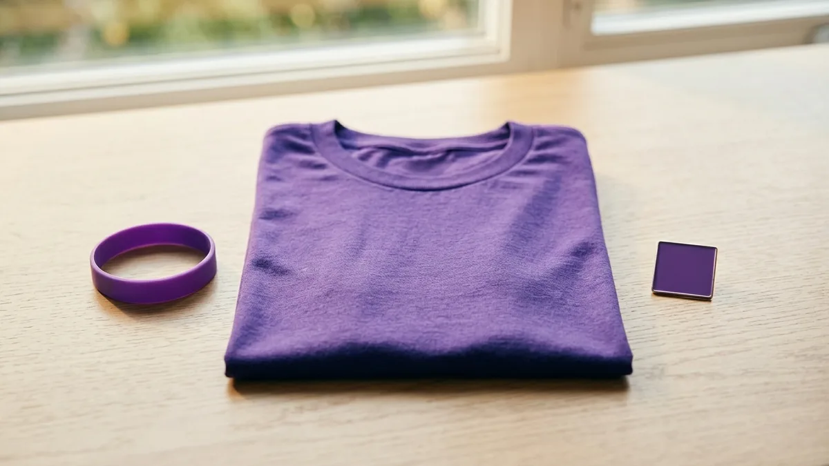 Supporters in purple t-shirts handing out ribbons at an awareness walk