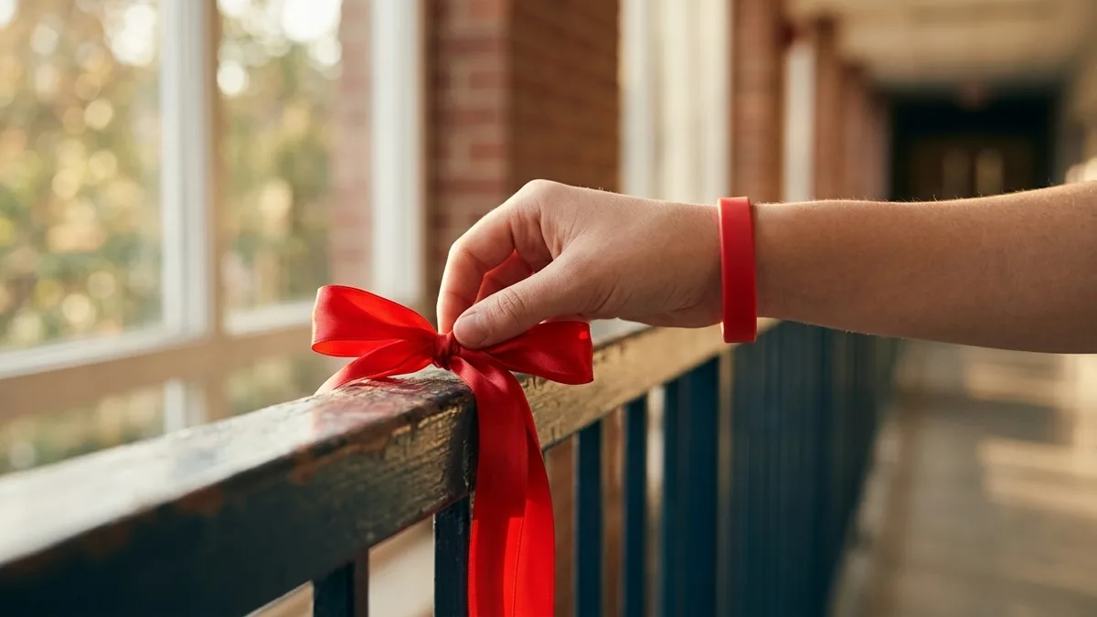 Custom red wristbands, t-shirts, and ribbons laid out for a school Red Ribbon Week campaign