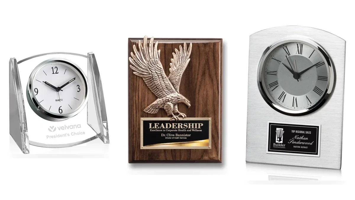 Retirement and years of service award ideas: a glass desk clock, a walnut eagle plaque and an aluminum desk clock