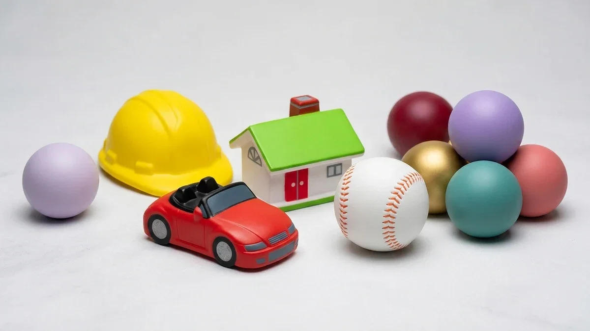 A group of shaped stress balls including a house, hard hat, car and baseball for different industries