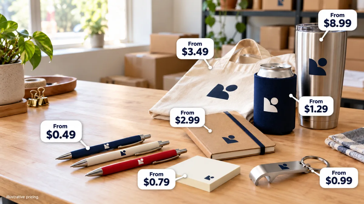 Small business promotional products on a desk with price tags: logo pens, sticky notes, notebook, tote bag, can cooler, tumbler and keychain