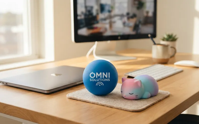 A branded stress ball and a squishy on an office desk