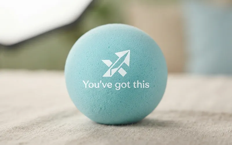 A teal stress ball printed with a logo and the words You've got this