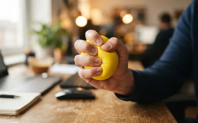 A hand squeezing a bright foam stress ball at a desk