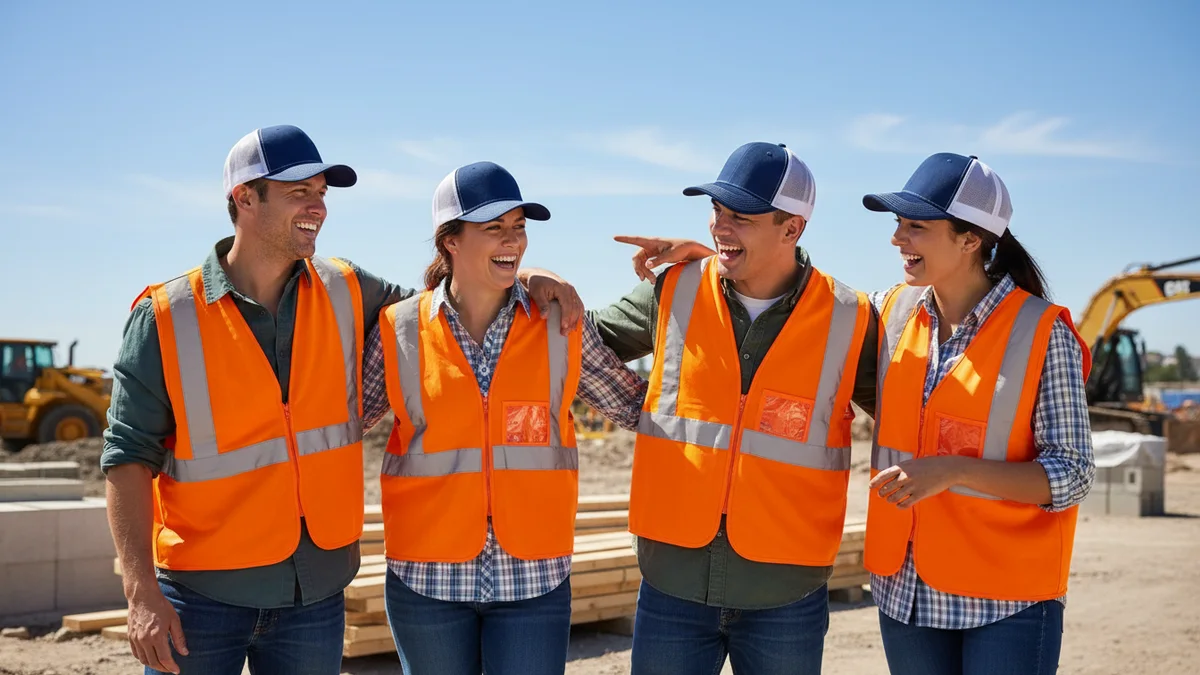 Four coworkers at an outdoor job site wearing matching structured trucker caps