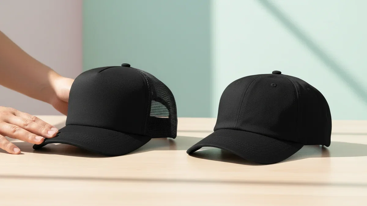 Structured vs unstructured hat: a structured trucker cap standing tall beside a soft unstructured cap
